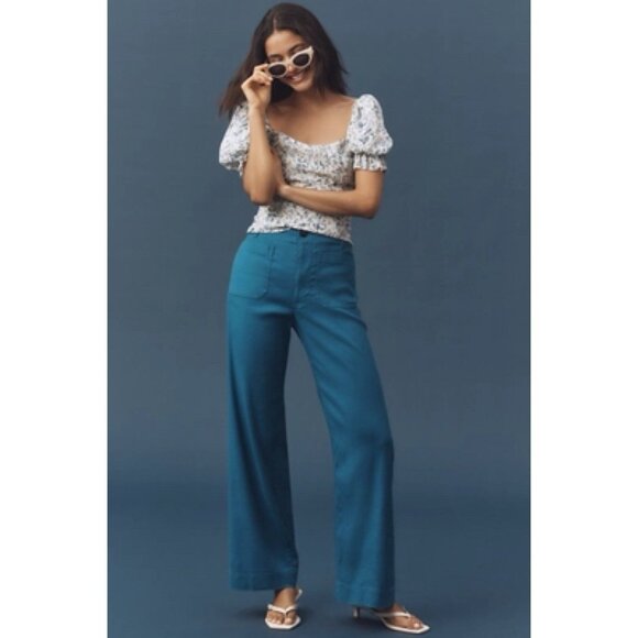 Anthropologie Colette Linen Full Length Wide Leg Pants Maeve Ocean Blue Size 25 - Picture 9 of 11